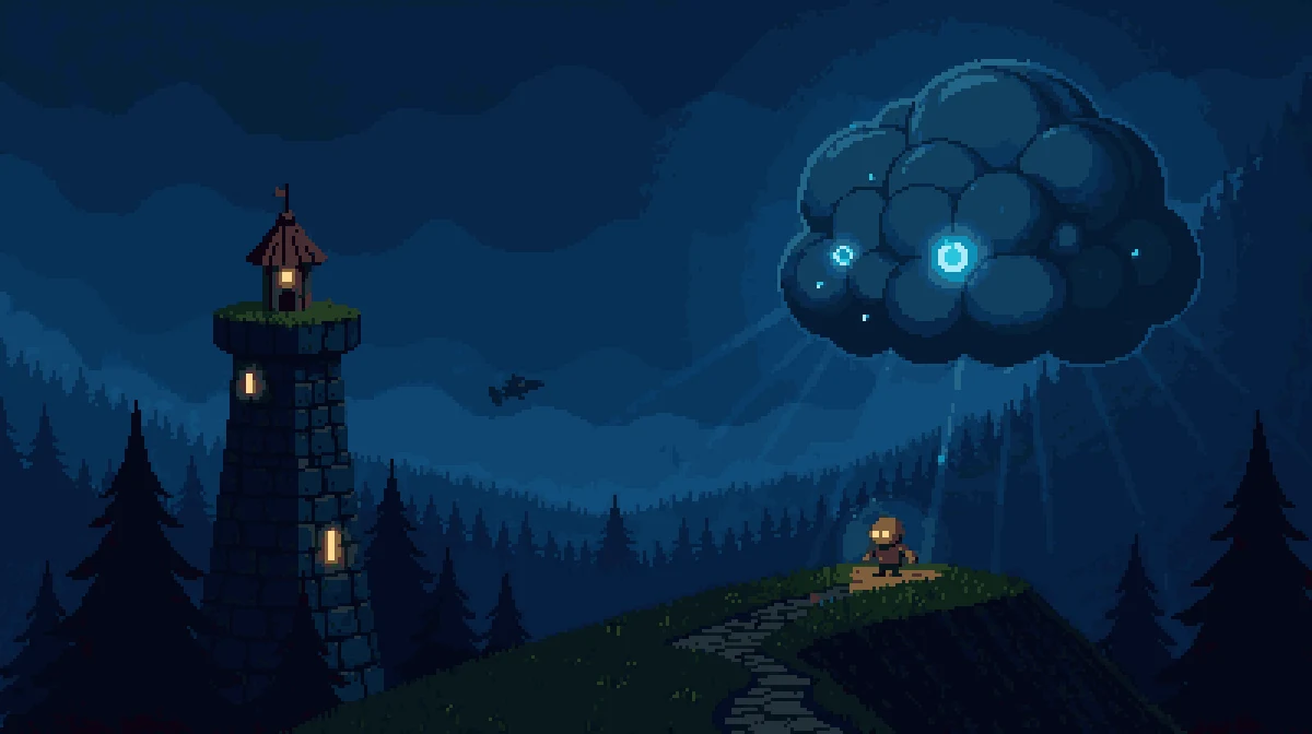Drizzlo key art: a happy little cloud raining golden drops on Gruble the moss golem as he strolls toward a cozy cottage