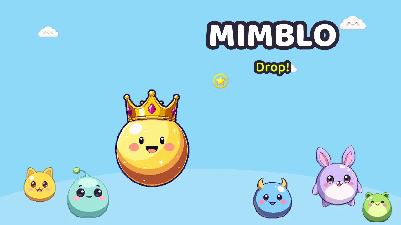 Mimblo Drop key art: the golden King Mimblo with a crown surrounded by cute critters