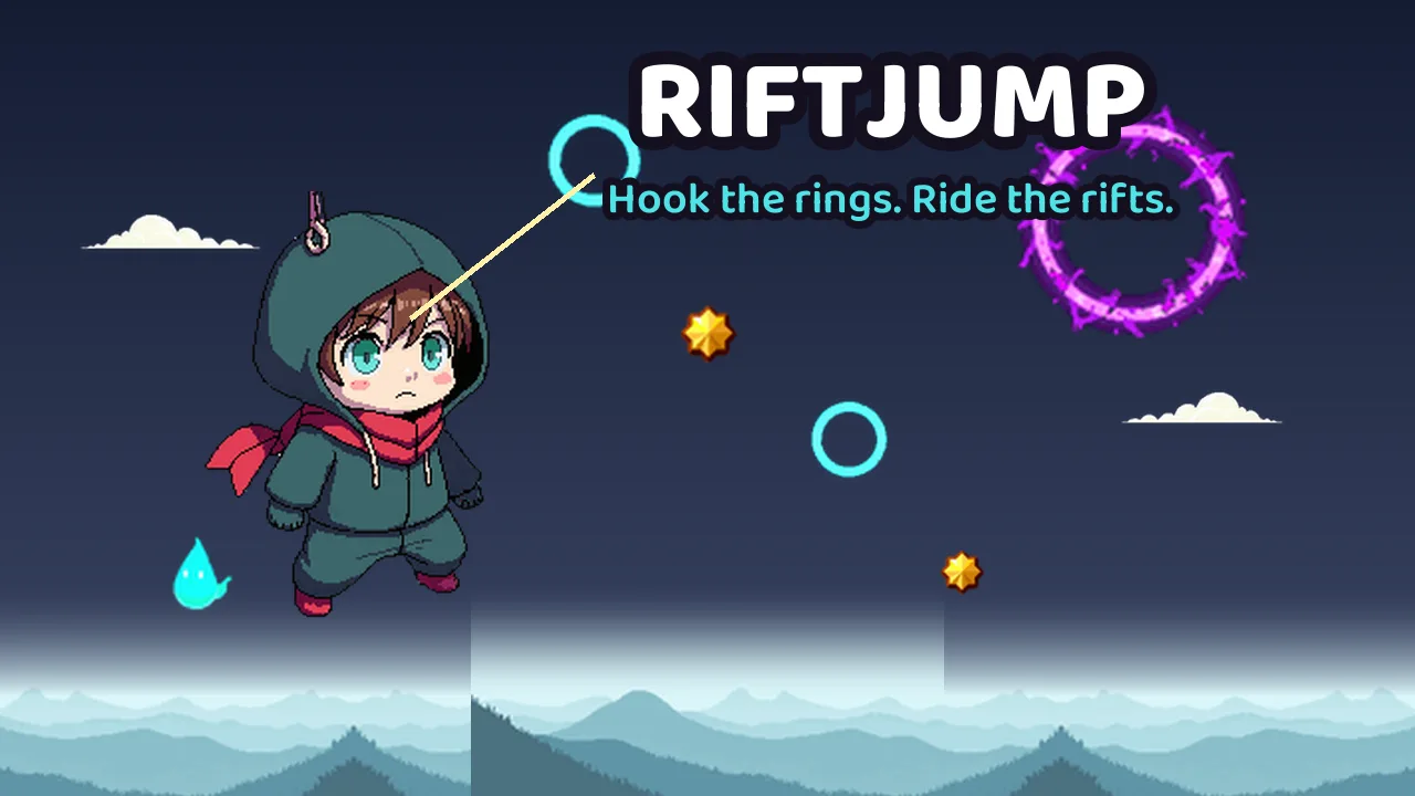 Riftjump key art: the hooded hero swinging from an energy ring toward a violet rift over misty mountains