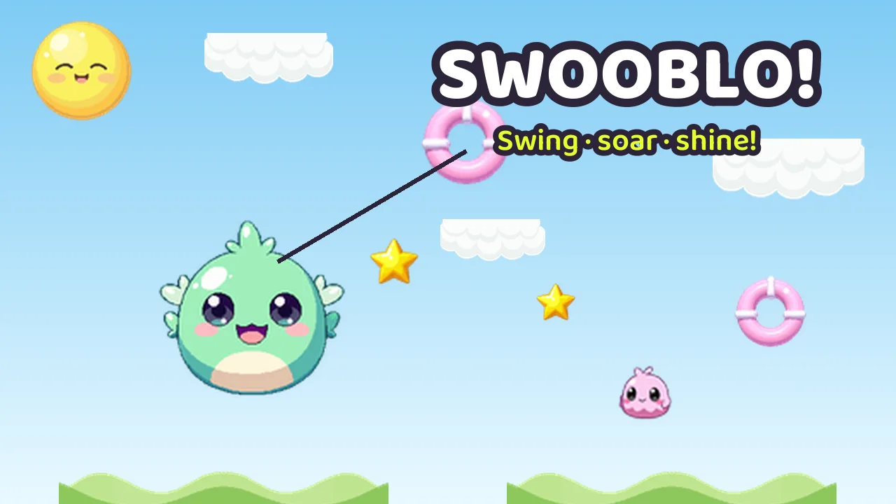 Swooblo key art: the mint critter swinging from a pink ring across a pastel sky full of stars