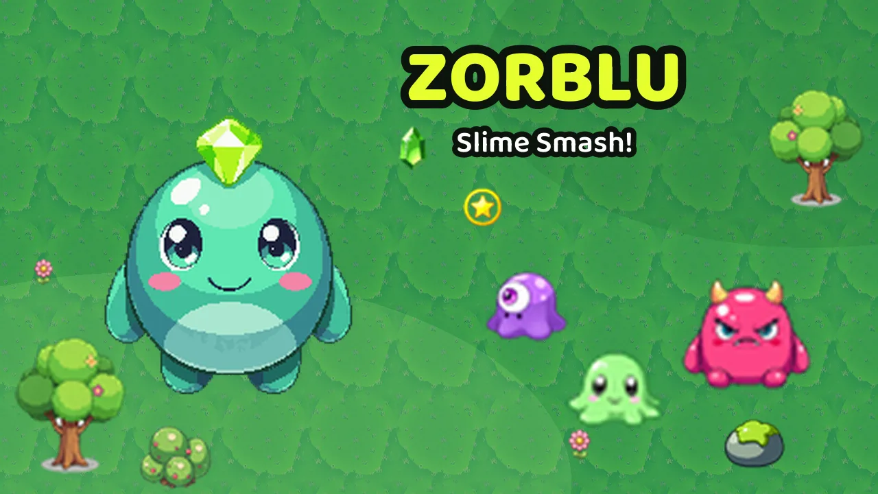Zorblu key art: the teal hero with a gem, slimes and bosses on a green meadow